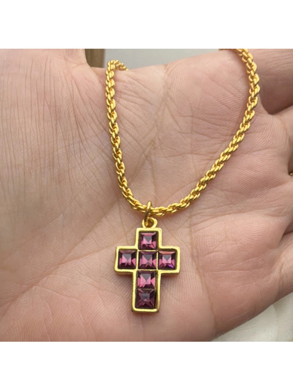 Gold-Tone Cross Pendant Necklace with Pink Crystal Accents